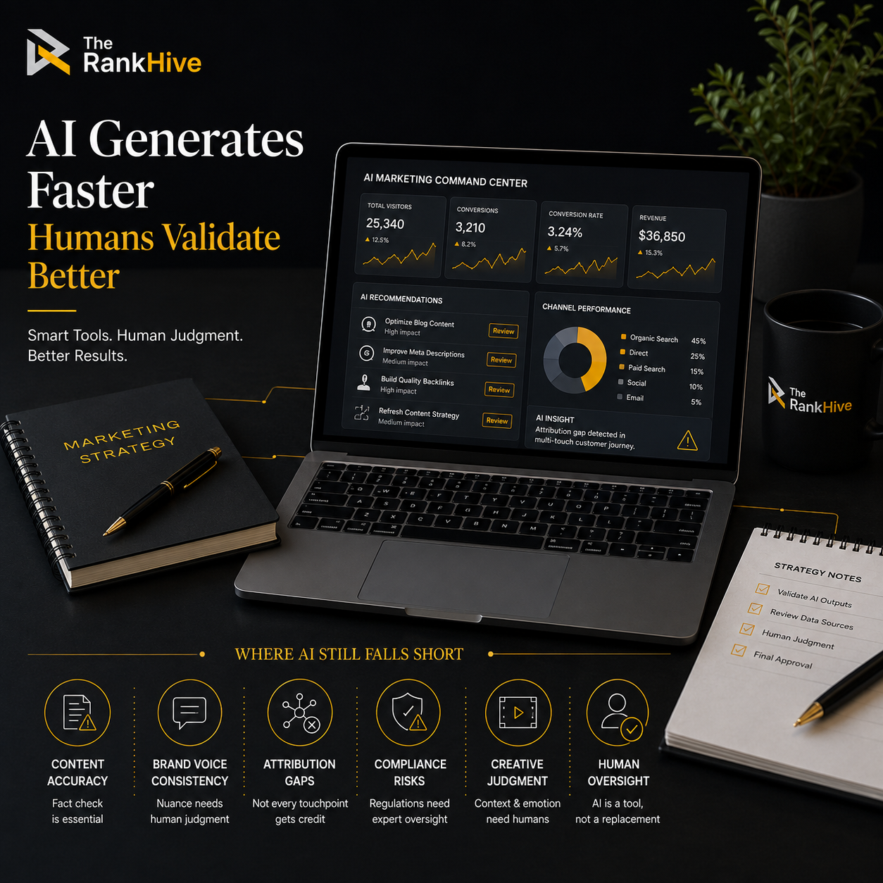 AI driven digital marketing solutions dashboard flagging an attribution gap in a multi touch customer journey